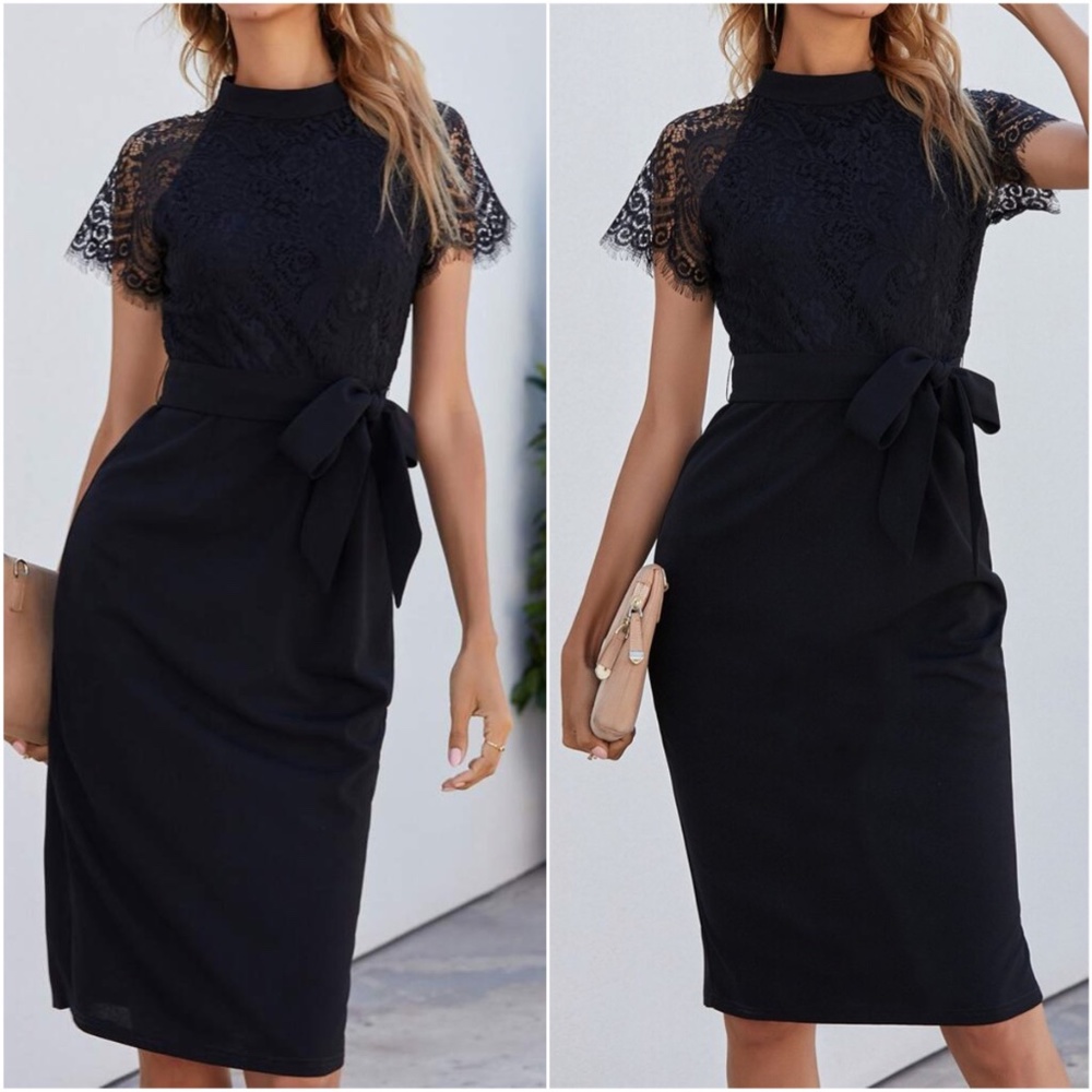 classic black lace sheer short sleeve belted dress